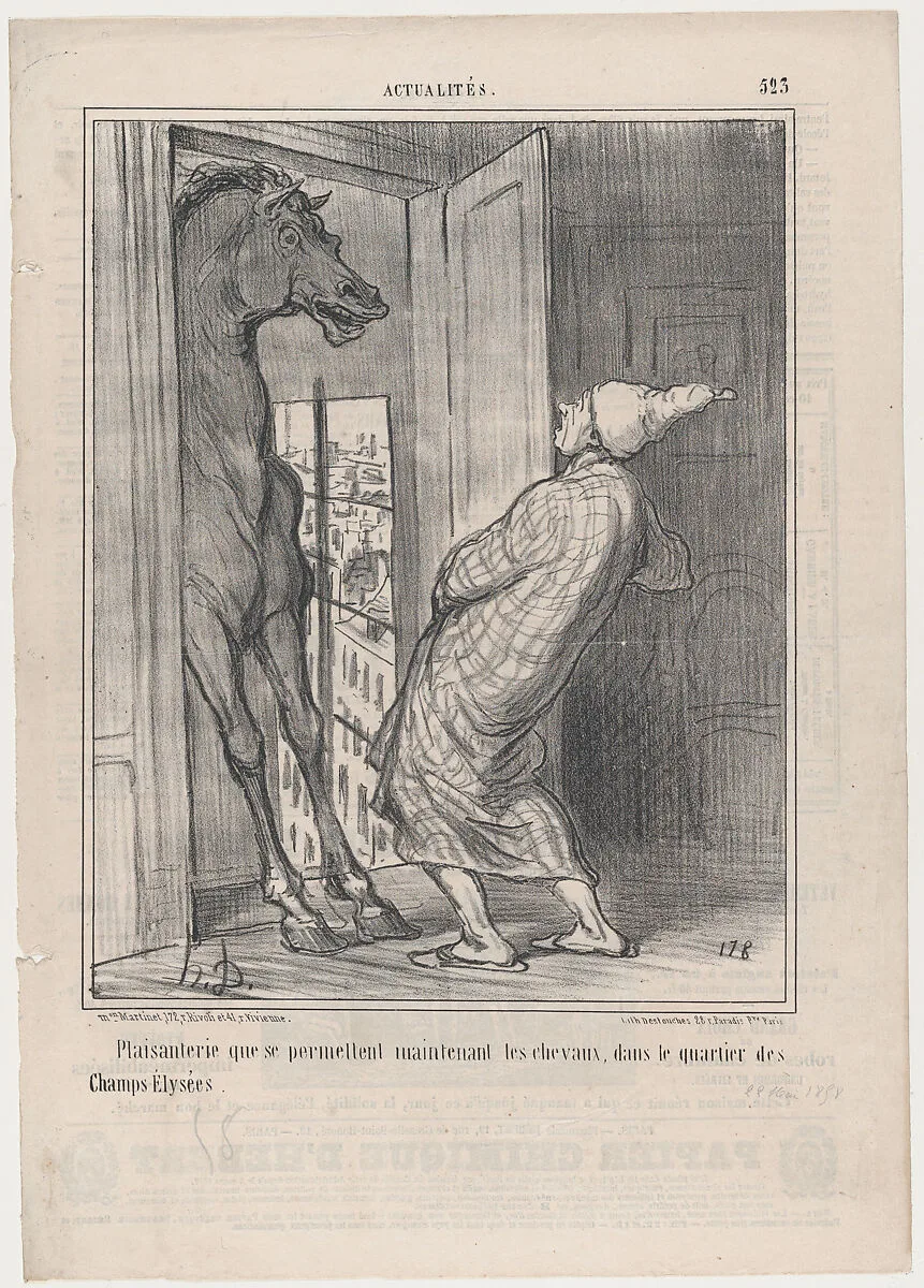Plaisanterie que se permettent maintenant les chevaux, dans le quatier des Champs-Élysées, No. 523 from series Actualités — Destouches|Aaron Martinet|Honoré Daumier