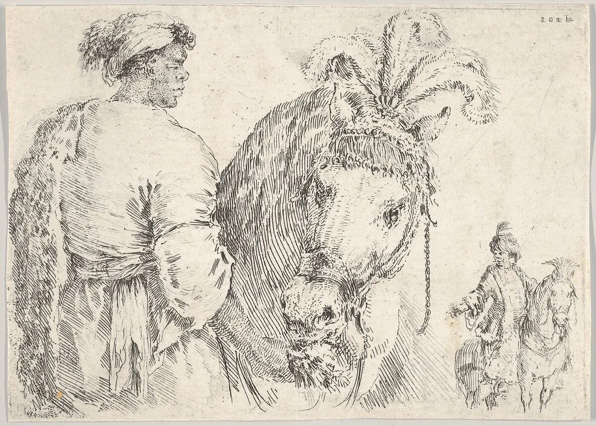 A man at left in profile giving a handful of hay to a horse at center, a horseman to the right in background — Stefano della Bella