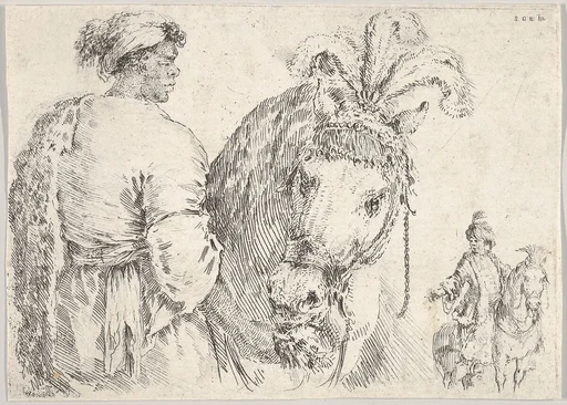 A man at left in profile giving a handful of hay to a horse at center, a horseman to the right in background