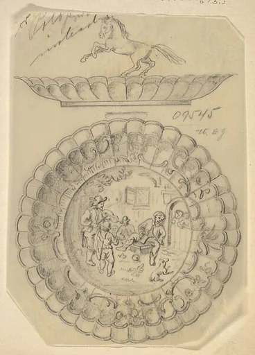 Design for a Covered Silver Dish with Tavern Scene and Horse Handle