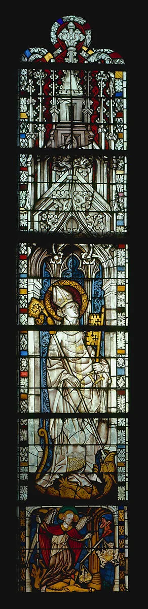 Saint Servatius Crushing a Dragon, with Saint Michael Weighing Souls below (from a series with The Virgin Mary and Five Standing Saints) — Unknown