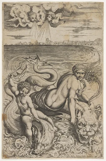 Venus and Cupid riding two sea monsters, Cupid raises an arrow in his right hand, two heads representing wind in the clouds above