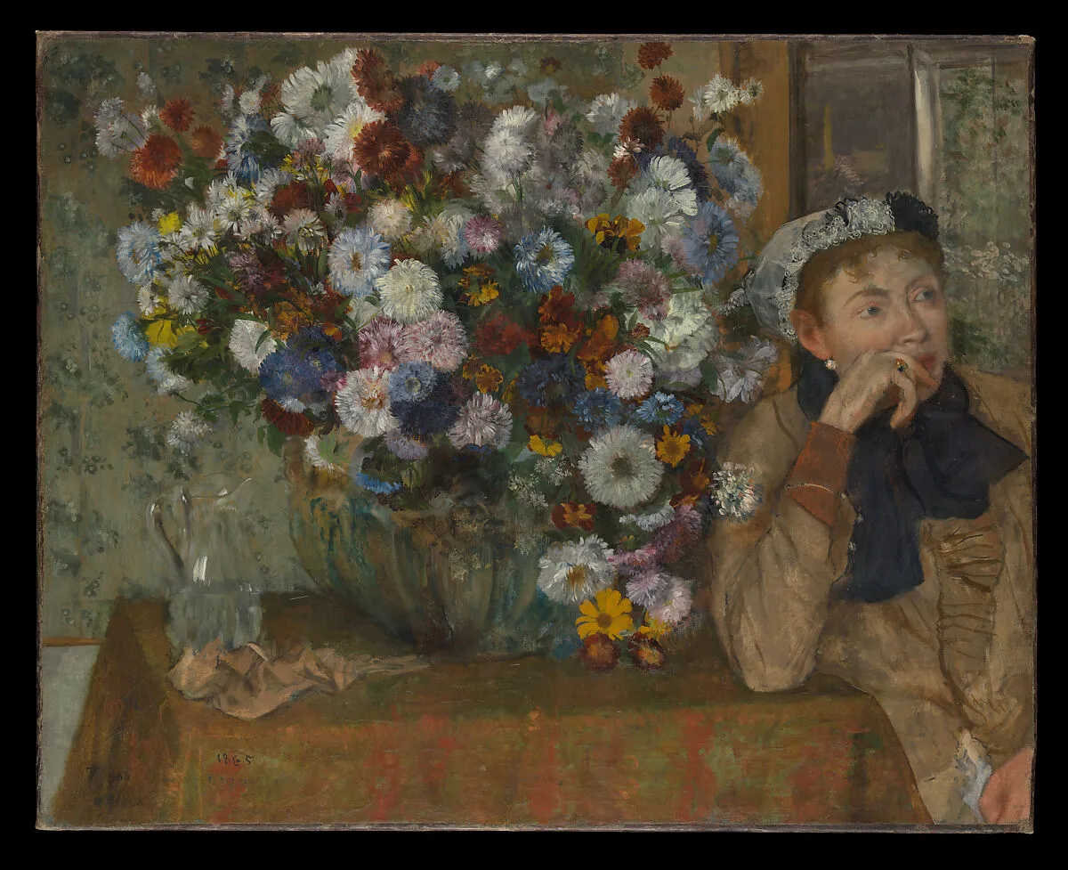 A Woman Seated beside a Vase of Flowers (Madame Paul Valpinçon?) — Edgar Degas