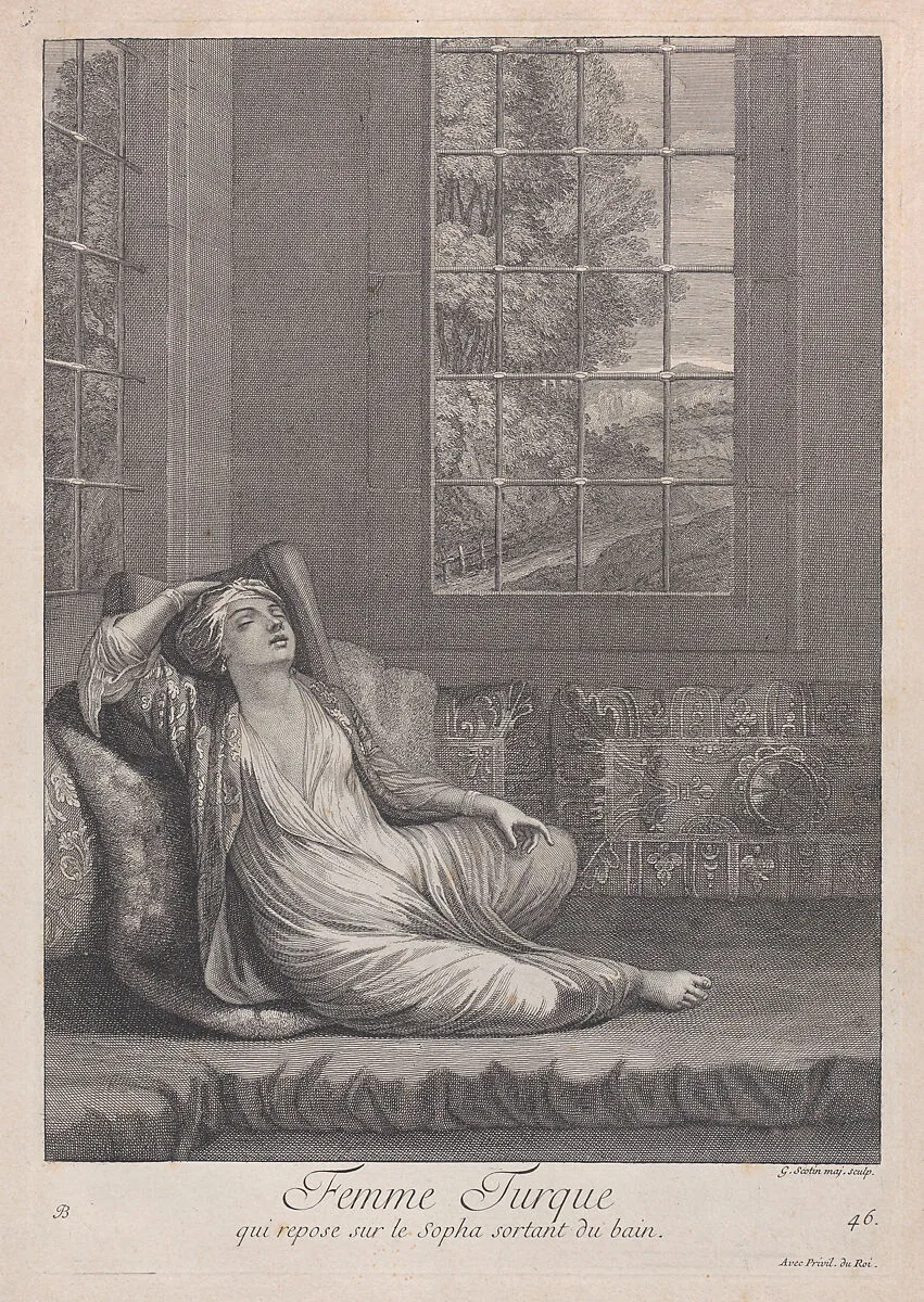 Femme Turque, qui repose sur le Sopha sortant du bain, plate 46 from "Recueil de cent estampes représentent differentes nations du Levant" — Gérard Jean Baptiste Scotin I|Jacques le Hay|Jean Baptiste Vanmour