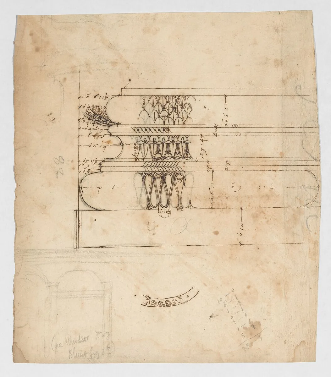 Forum of Augustus, hemicycle, Attic base, elevation and sculpted detail; Ionic capital, elevation; Palazzo Baldassini, cortile, elevation (recto) blank (verso) — Anonymous, French, 16th century