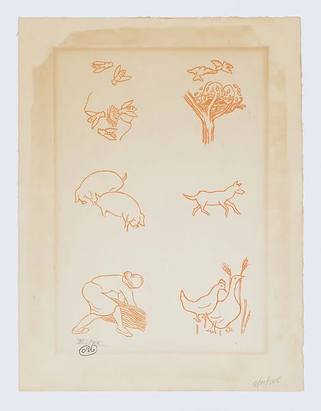 Vignettes of bees, a bird’s nest, two pigs, a dog, a rooster and a goose, and a woman gathering twigs — Philippe Gonin|Aristide Maillol