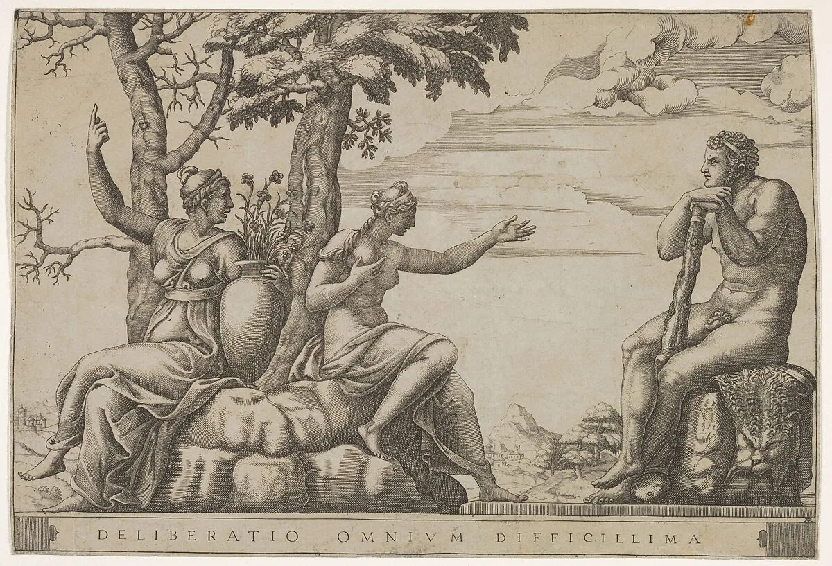 Hercules at the cross-roads, he is seated at the right, to the left are female personifications of Virtue and Vice — Adamo (Ghisi) Scultori|Giulio Romano