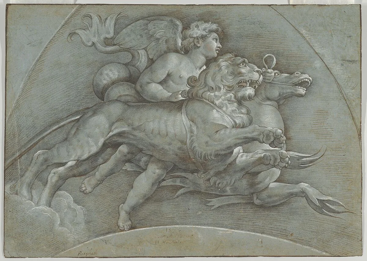 A Winged Putto Riding a Sea Horse and a Lion (after Raphael); verso; The Three Graces (after Raphael) — Denijs Calvaert|Raphael (Raffaello Sanzio or Santi)
