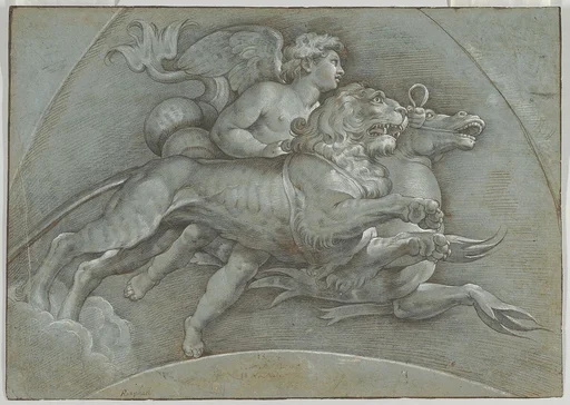 A Winged Putto Riding a Sea Horse and a Lion (after Raphael); verso; The Three Graces (after Raphael)