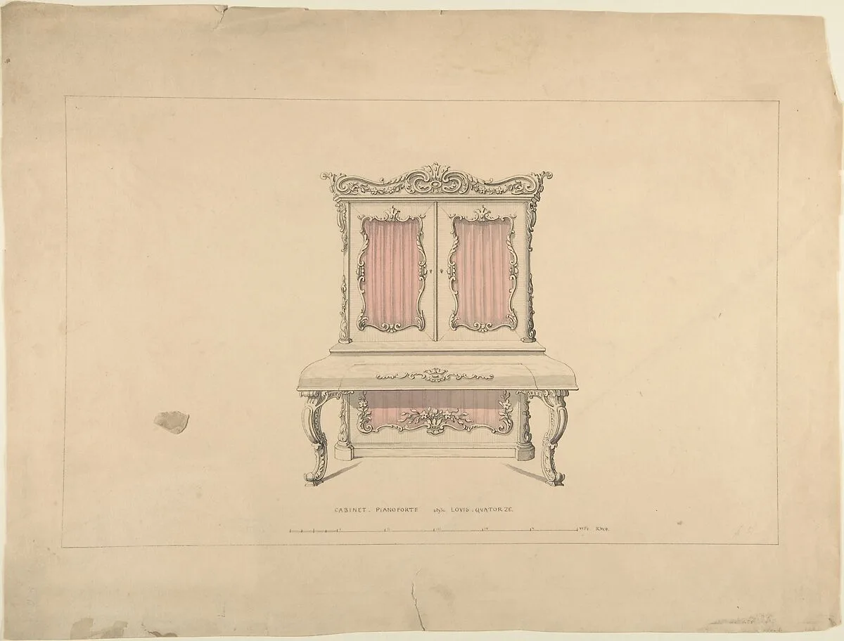 Design for Cabinet Pianoforte, Louis Quatorze Style — Robert William Hume