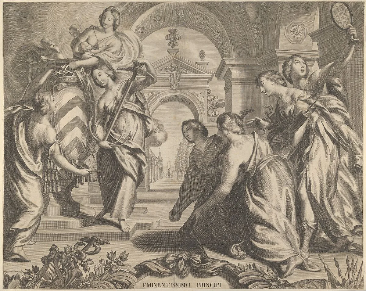Allegorial Composition with the Coat of Arms of Cardinal Richelieu and Charity — Grégoire Huret