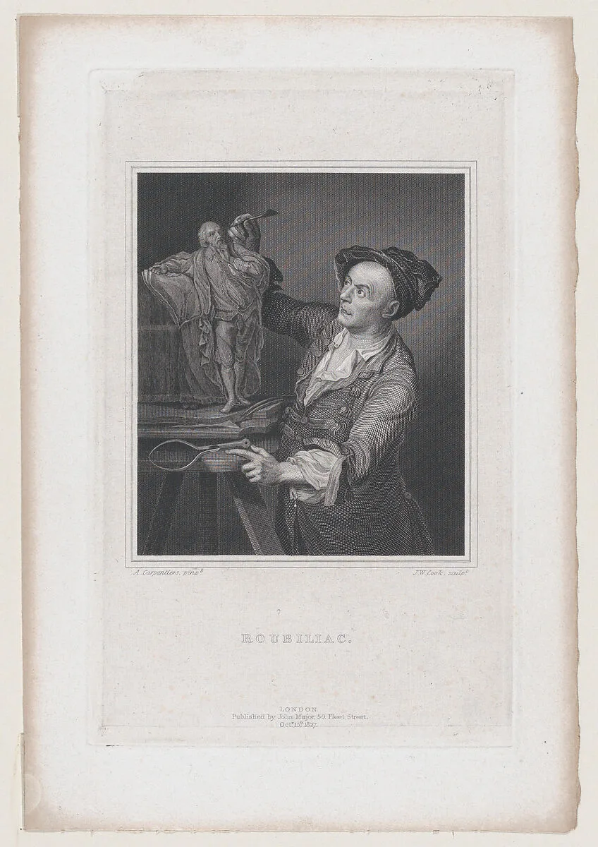 Roubiliac with the Model for Garrick's Shakespeare (Walpole's "Anecdotes of Painting in England," vol. 4) — Louis François Roubiliac|Adrien Carpantiers|James William Cook