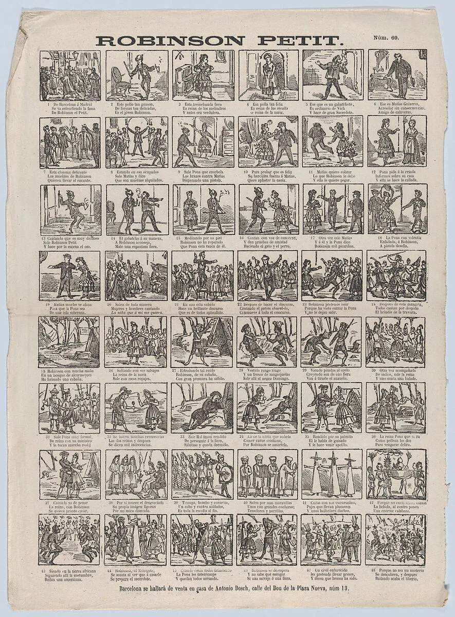 Broadside with 48 scenes depicting the story of Little Robinson — Antonio Bosch