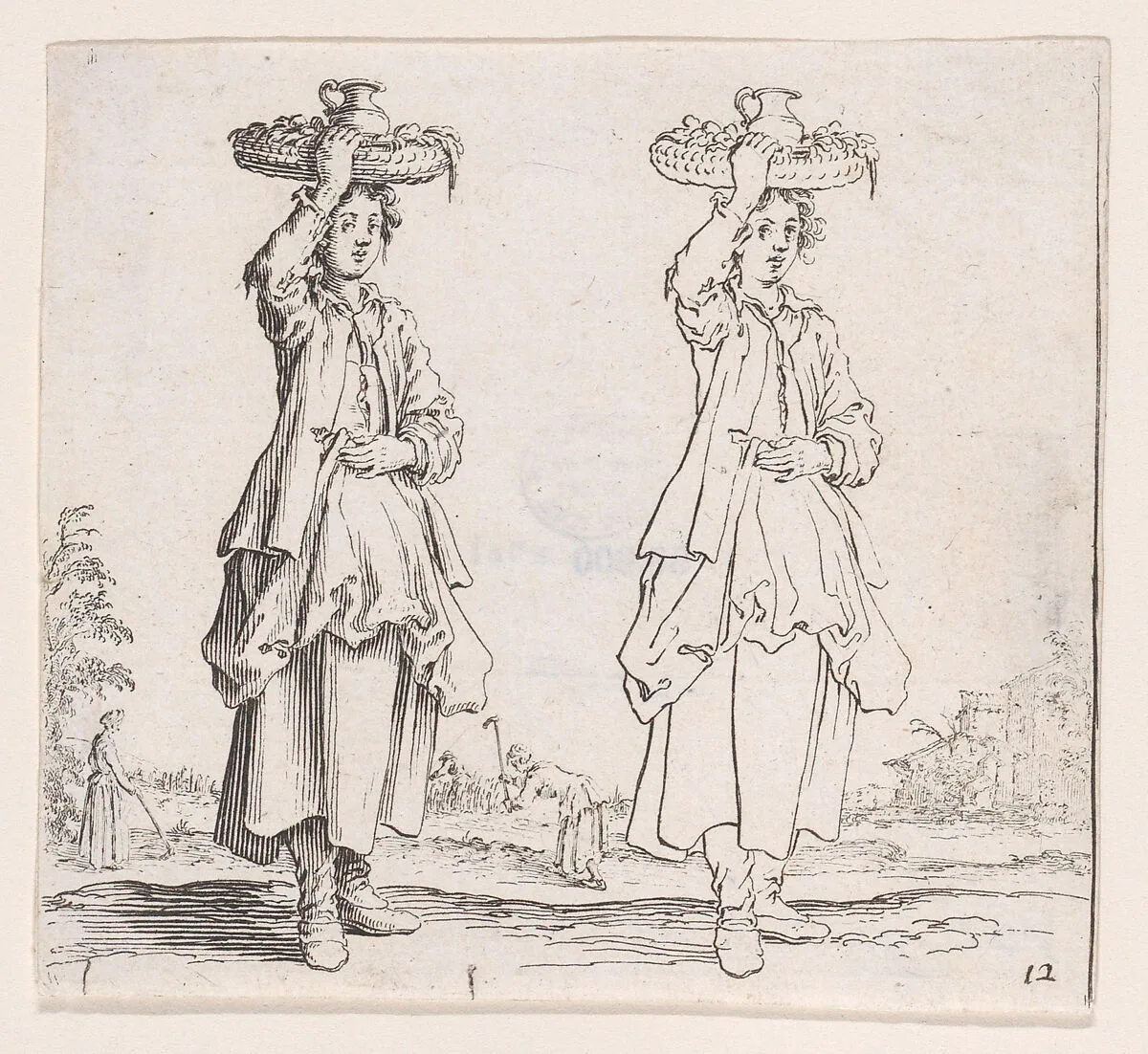 La Paysanne Vue de Face, Tenant un Panier sur sa Tête (The Peasant Woman Viewed from the Front with a Basket on her Head), from Varie Figure (Various Figures), plate 12 — Jacques Callot
