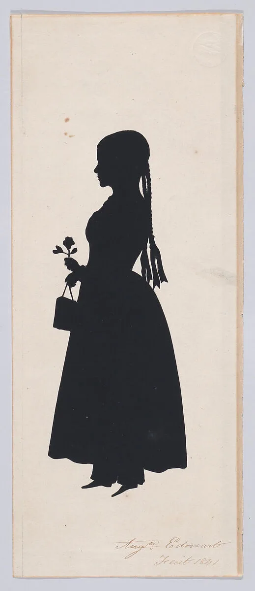Young Girl with Long Braids and Pantalettes, Holding a Flower — Auguste Edouart