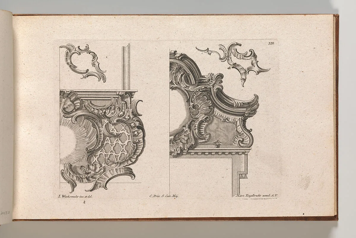 Suggestion for the Decoration of Lower Right and Top Right of a Framel, Plate 2 from an Untitled Series with Rocailles Ornaments for Window, Pier Glass and Door Frames — Jeremias Wachsmuth|Martin Engelbrecht