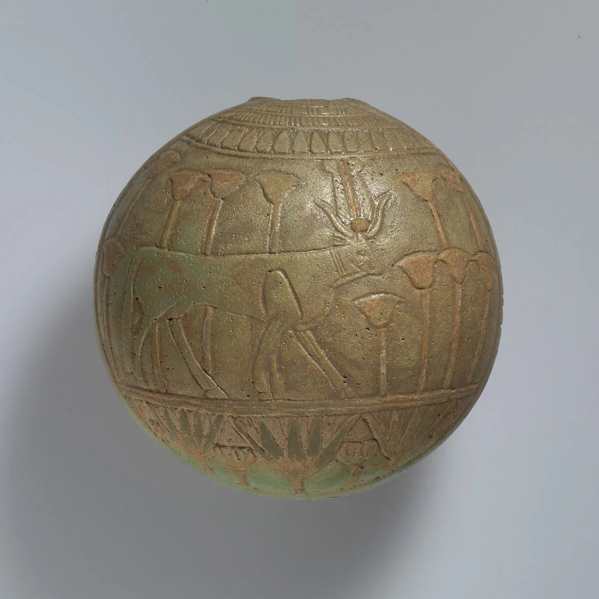 Relief-decorated Lentoid Bottle ("New Year's Bottle"); Horus falcon in marshes on one side; cow goddess in marshes on the other — Unknown