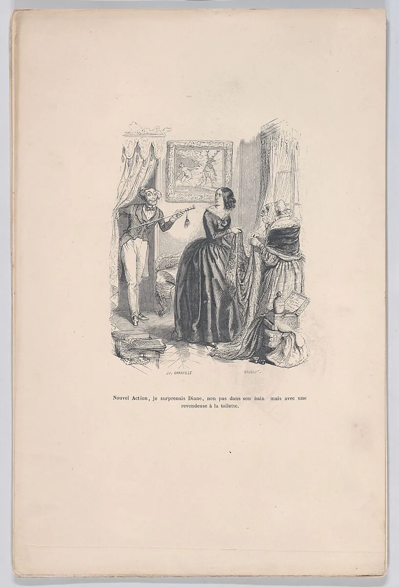 "New Actaeon, I surprised Diana, not in her bath but with a dealer in the bathroom." from the Little Miseries of Human Life — Henri Fournier|J. J. Grandville|Brugnot|Paul-Emile-Daurand Forgues