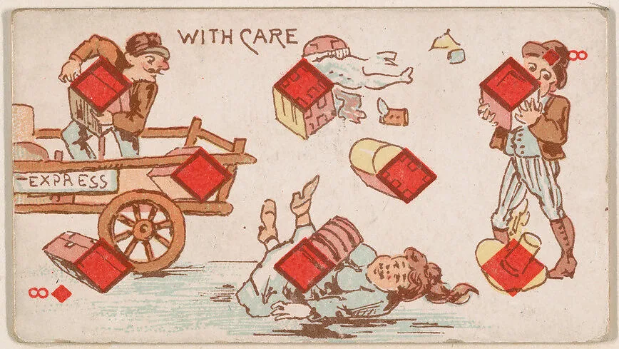 Eight of Diamonds, With Care, from Harlequin Cards, 2nd Series (N220) issued by Kinney Bros. — Kinney Brothers Tobacco Company