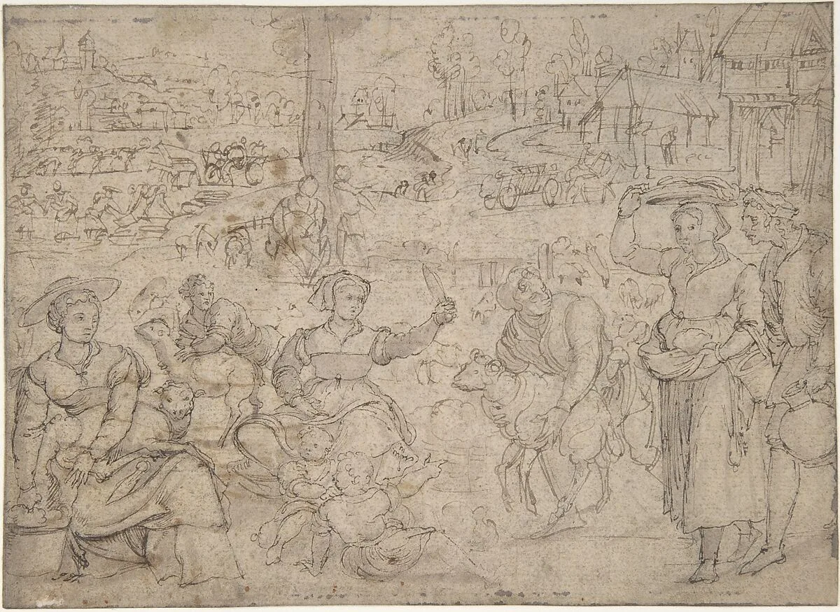 The Month of June, Shearing Sheep (recto); Couples Drinking Wine, The Month of October (verso) — Master of the Months of Lucas|Bernard van Orley
