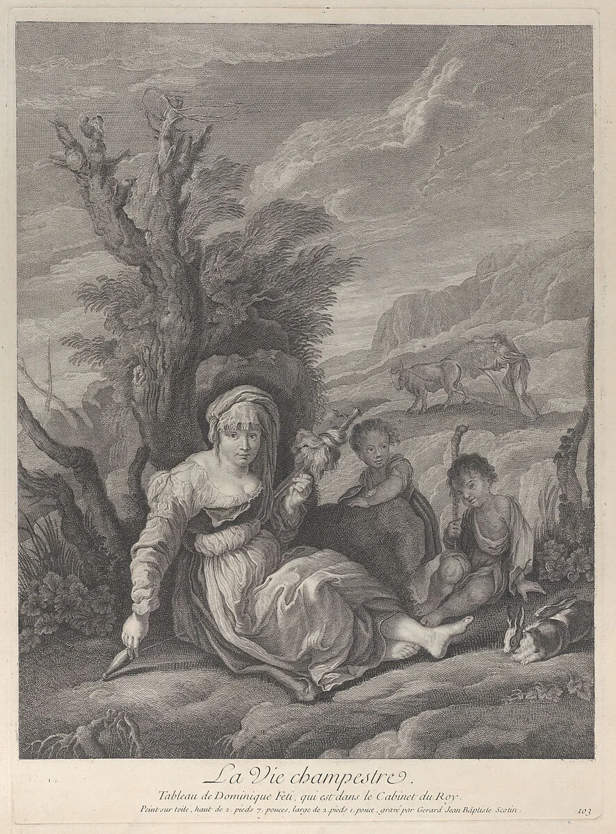 A country woman sitting in landscape with two boys at her side — Domenico Fetti|Gérard Jean Baptiste Scotin I