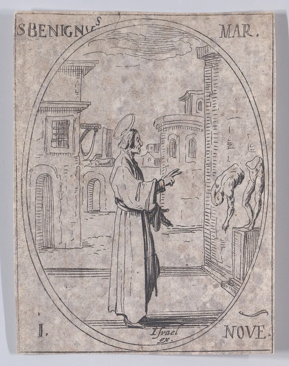 S. Béninge, martyr (St. Benignus, Martyr), from November 1st, from "Les Images De Tous Les Saincts et Saintes de L'Année" (Images of All of the Saints and Religious Events of the Year) — Israël Henriet|Jacques Callot
