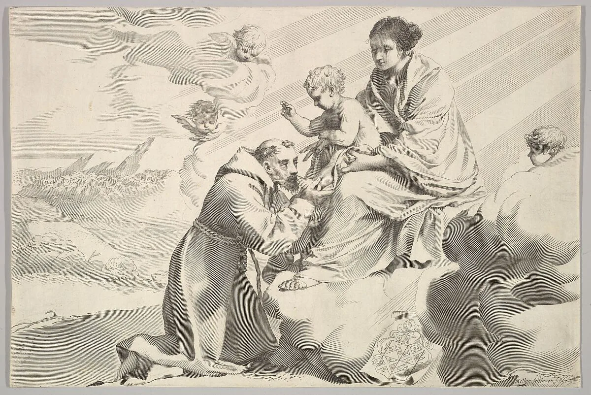 St Francis of Assisi Adoring the Christ Child on the Virgin's Lap — Claude Mellan