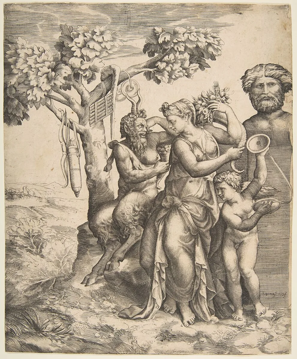 Pan at the left seated next to a standing nymph, to the right Cupid holding cymbals — Giulio Bonasone