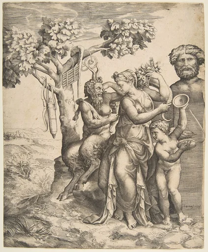 Pan at the left seated next to a standing nymph, to the right Cupid holding cymbals