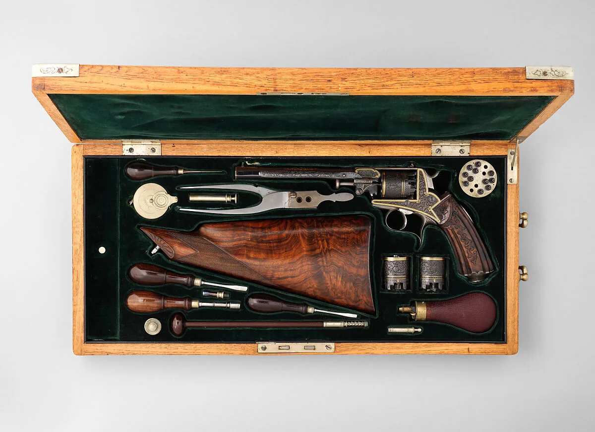 Five Shot Double-Action Percussion Revolver with Shoulder Stock, Case, and Accessories — Unknown