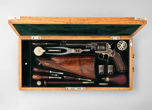 Five Shot Double-Action Percussion Revolver with Shoulder Stock, Case, and Accessories