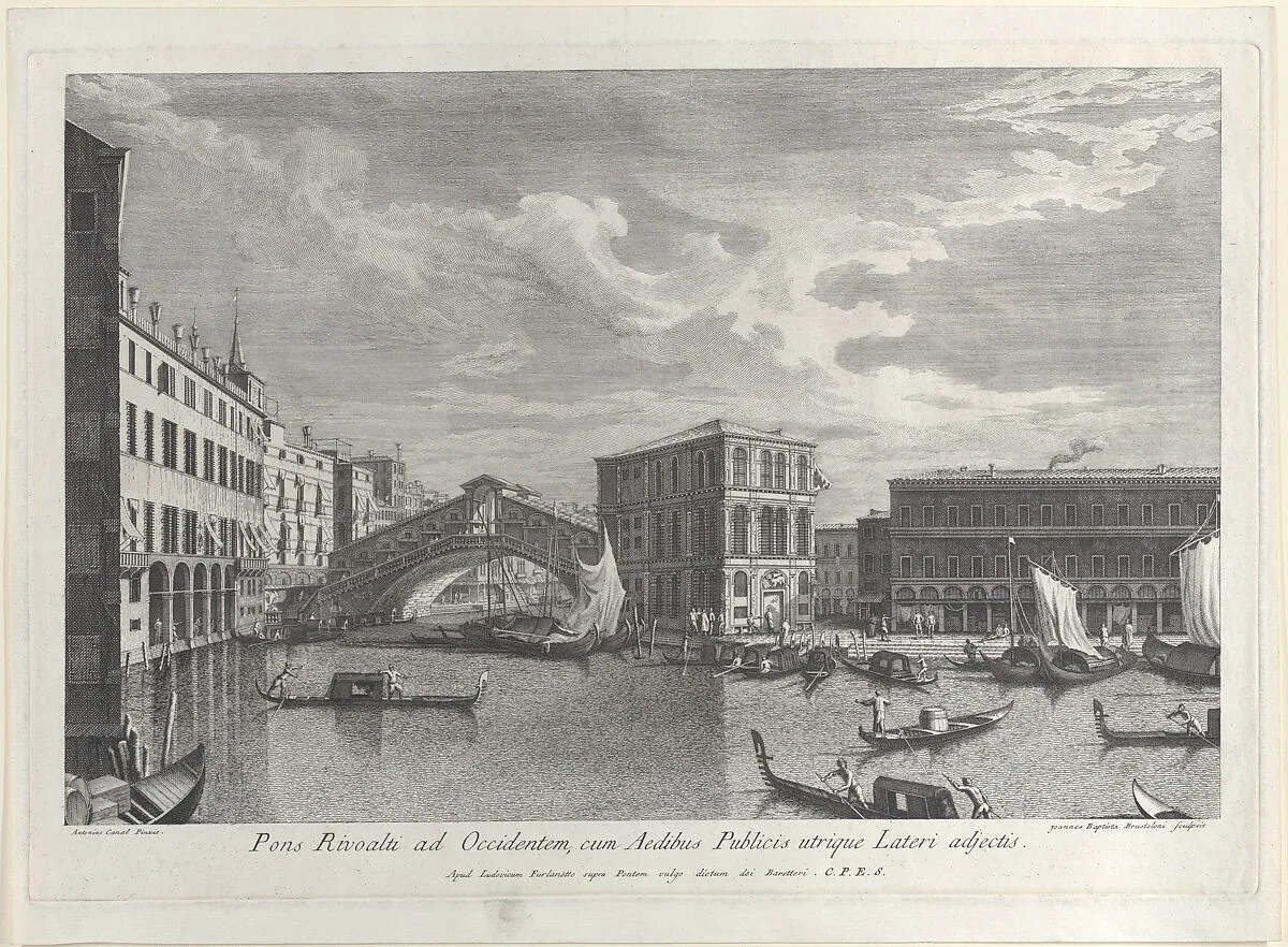 The Rialto Bridge, Venice, with boats and gondolas in the water — Giovanni Battista Brustolon|Lodovico Furlanetto|Canaletto (Giovanni Antonio Canal)