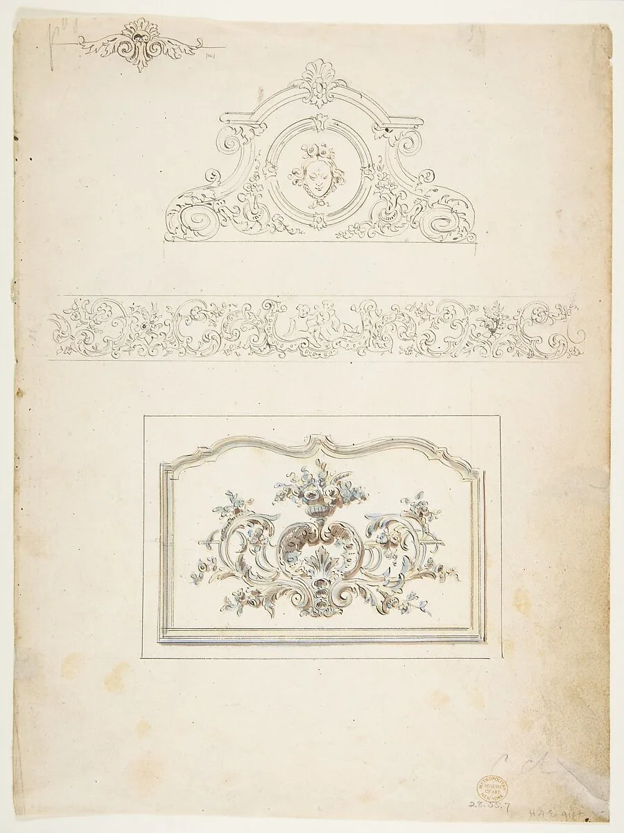 Border and Three Pediments (recto), Fifteen circular Designs (verso) — Anonymous, French, 18th century
