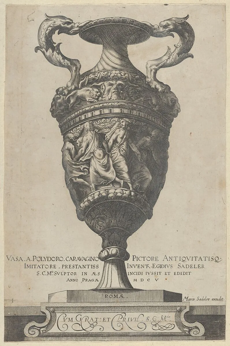 Title page depicting a two-handled base with dancing nymphs, from Antique Vases (Vasa a Polidoro Caravagino) — Cherubino Alberti (Zaccaria Mattia)|Polidoro da Caravaggio|Aegidius Sadeler II|Marcus Sadeler