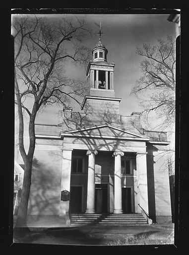 [Church with Ionic Columns on Entry Porch and Tree Shadows on Façade, Beverly, Massachusetts]