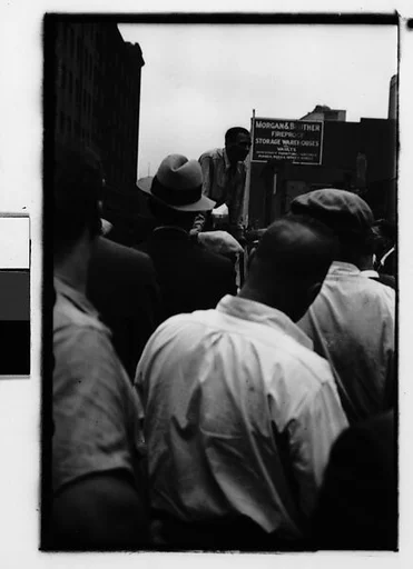 [Two 35mm Film Frames: Strike Rally on Waterfront, New York City]