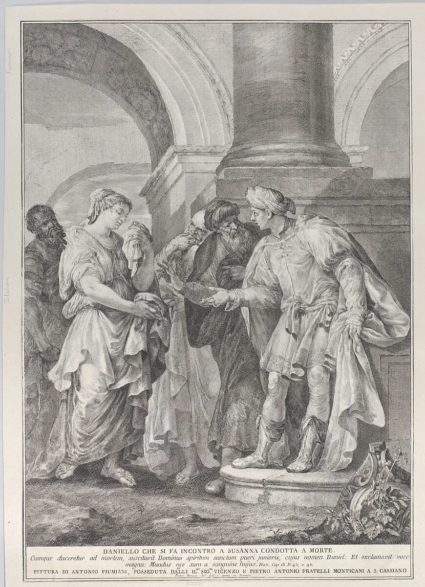 Daniel argues with the elders while Susanna stands at left — Giovanni Antonio Fumiani|Pietro Monaco