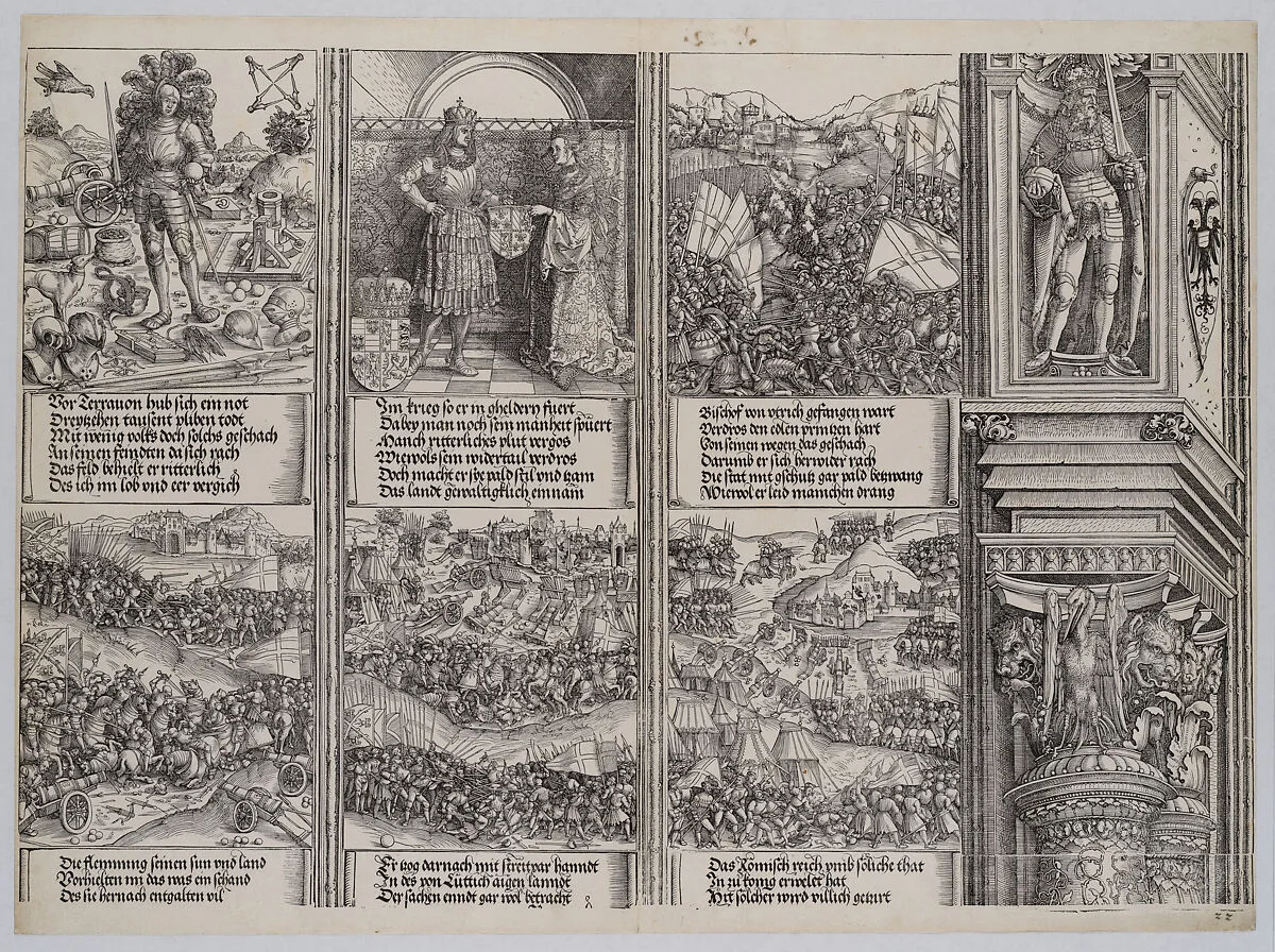 The Betrothal of Mary of Burgundy; Young Maximilian; The Struggle for the Burgundian Succession; The Battle Near Therouanne; The War in Guelderland; and The Utrecht Feud, from the Arch of Honor, proof, dated 1515, printed 1517-18 — Hans Springinklee|Albrecht Dürer|Wolf Traut|Hieronymus Andreae