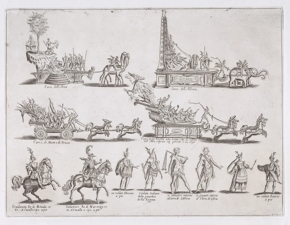 Reprint of Le Chars et Les Personnages (The Chariots and The Characters), from La Guerre d'Amour (Guerra d'Amore) (War of Love) — Jacques Callot|Istituto Centrale per la Grafica