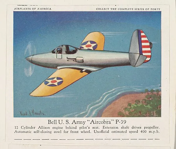 Bell U. S. Army "Aircobra" P-39, collector card from the Airplanes of America series (D2), issued by the Kelley Baking Company to promote Kelley's Bread — Kelley Baking Company