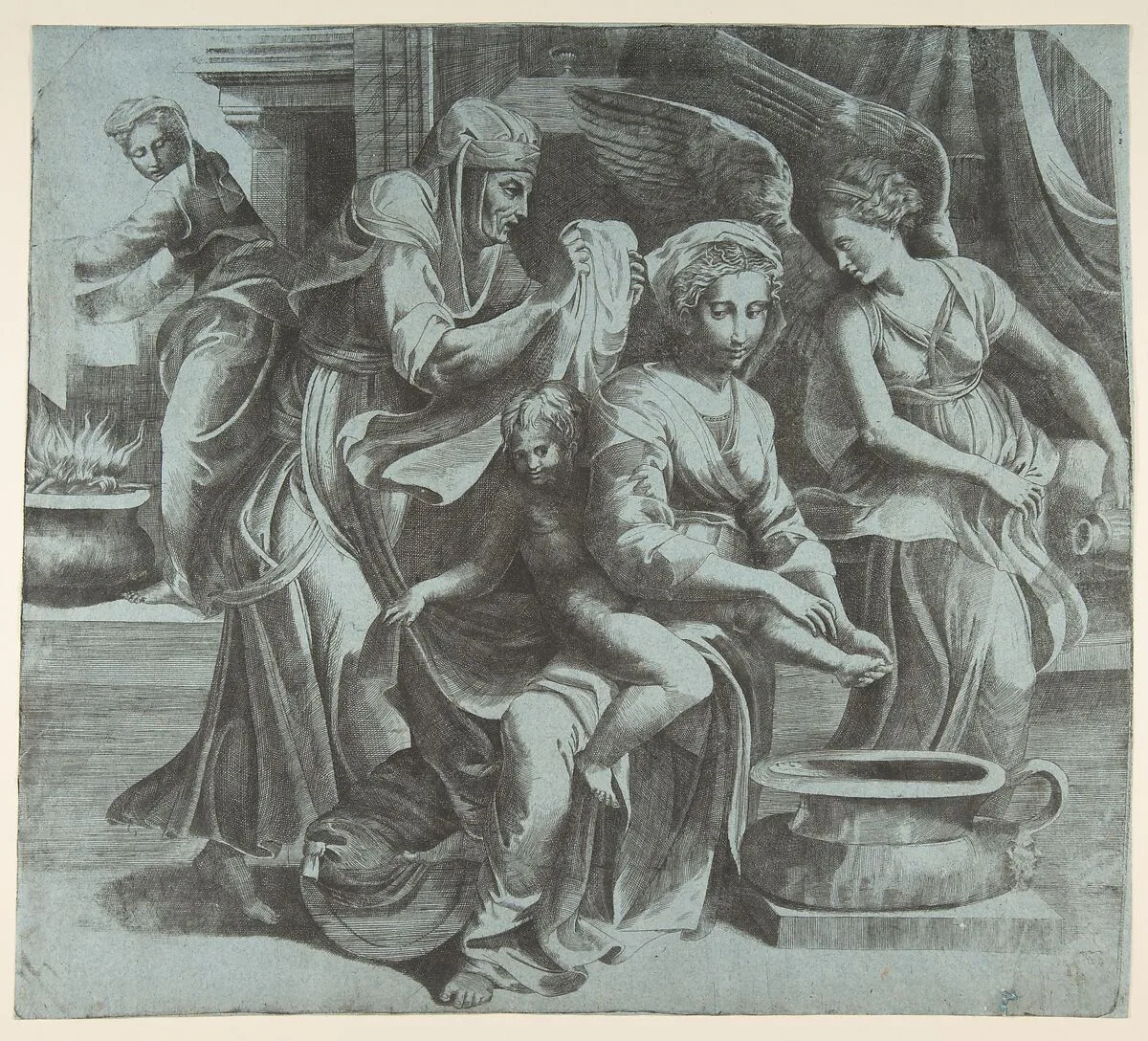 The Virgin washing the Christ Child accompanied by figures and an angel at right — Giulio Bonasone