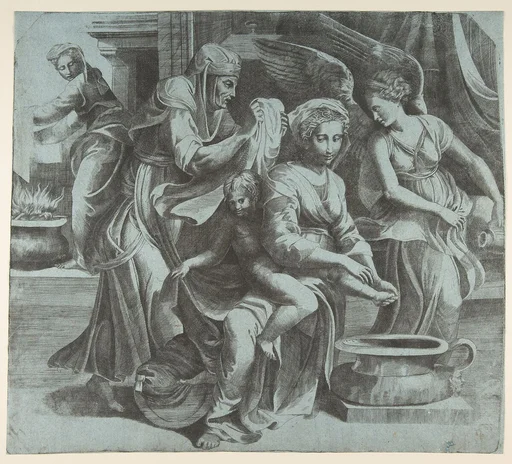 The Virgin washing the Christ Child accompanied by figures and an angel at right