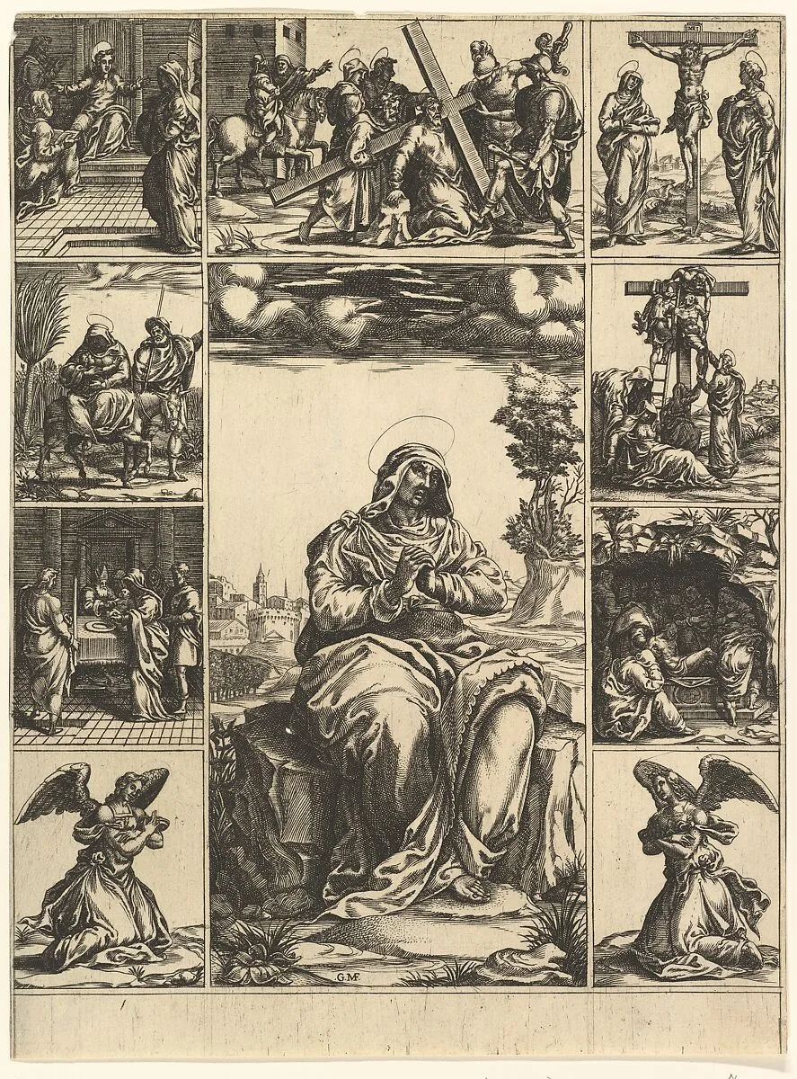 The Virgin of Sorrows; an image of the Virgin Mary surrounded by nine vignettes depicting scenes of her life — Giorgio Ghisi