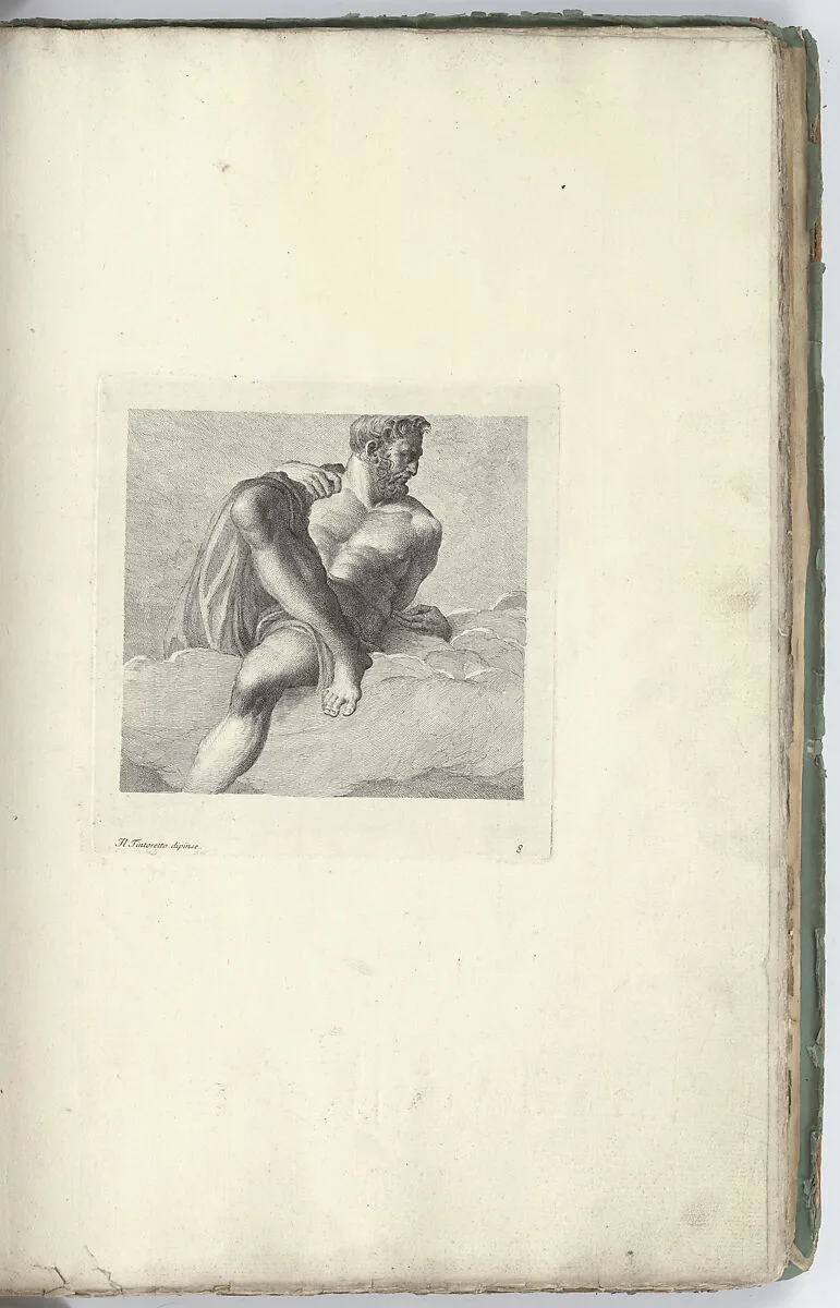 Partially Nude Man Reclining on Clouds, from Varie pitture a fresco de'principali maestri veneziani ora per la prima volta con le stampe pubblicate (Frescoes by the Most Important Venetian Masters Published in Print for the First Time), plate 8 — Antonio Maria Zanetti II|Jacopo Tintoretto (Jacopo Robusti)
