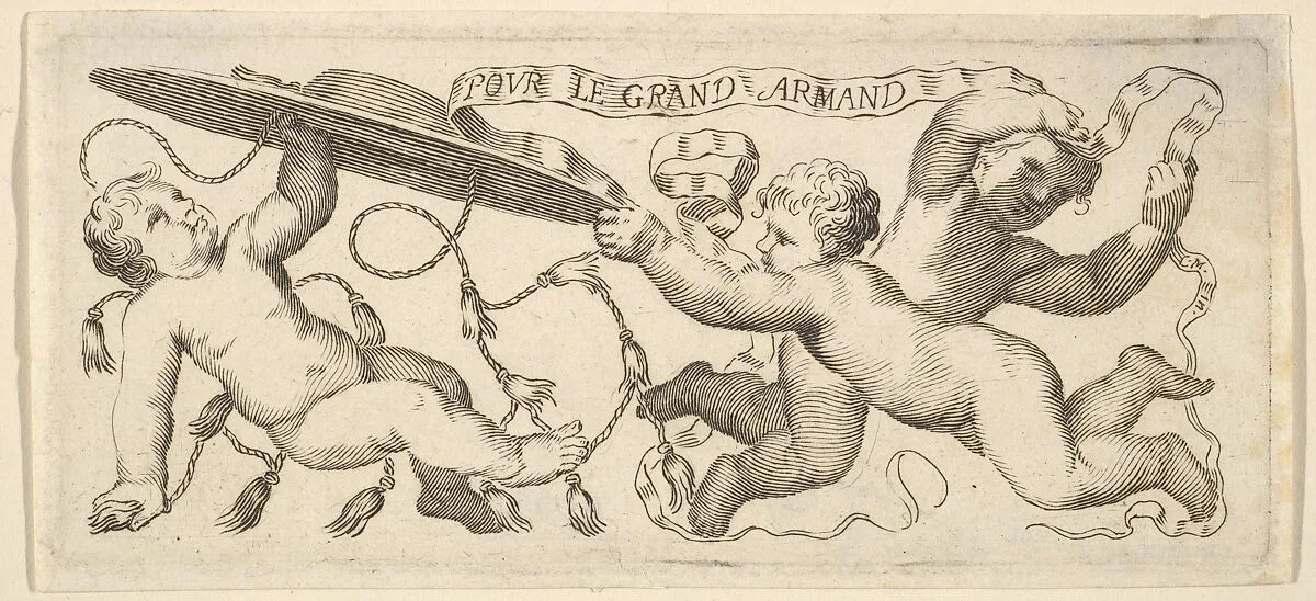 Headband: Two Infants with a Cardinal's Hat, a Third with a Banderole — Claude Mellan