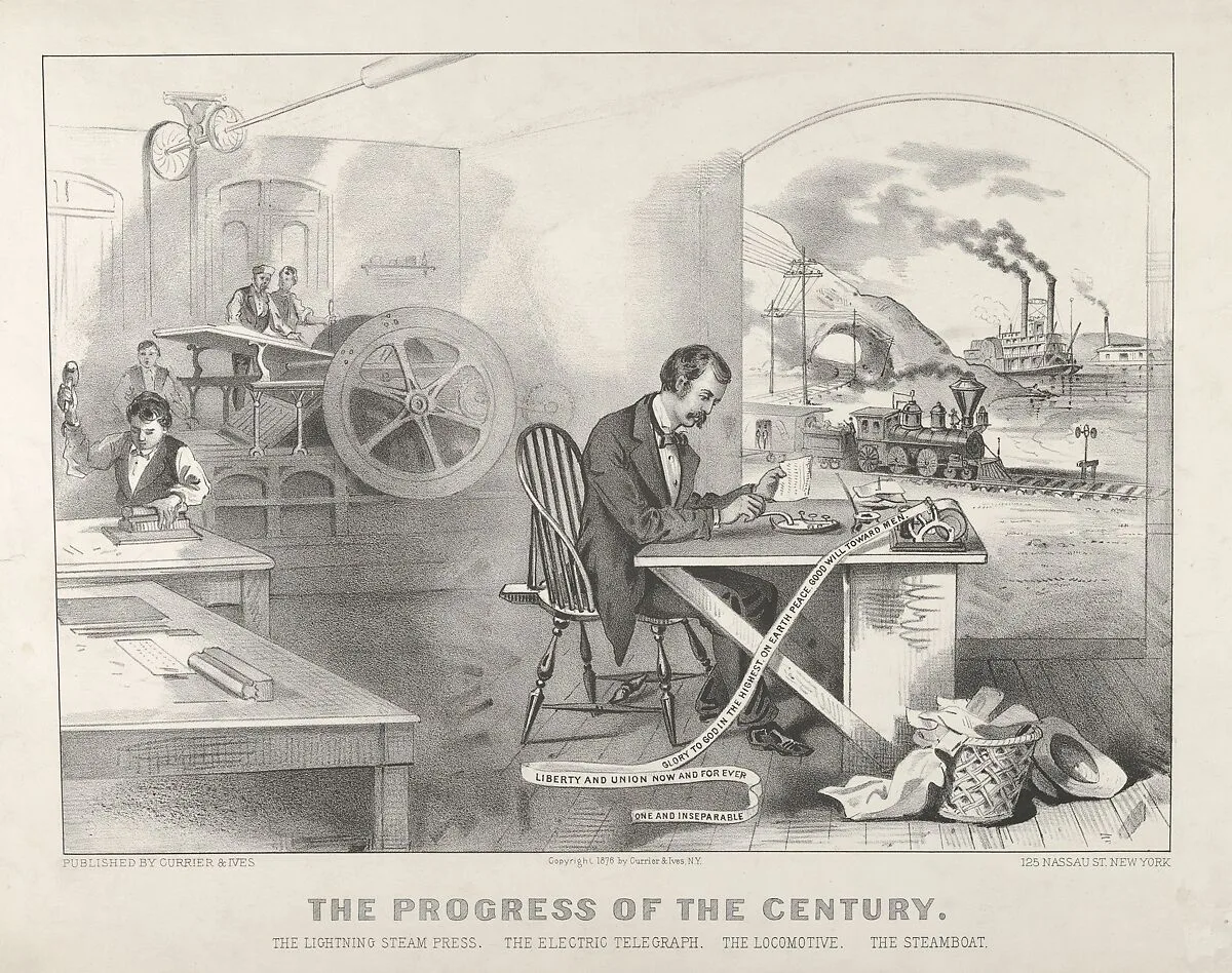The Progress of the Century – The Lightning Steam Press. The Electric Telegraph. The Locomotive. The Steamboat. — Currier & Ives