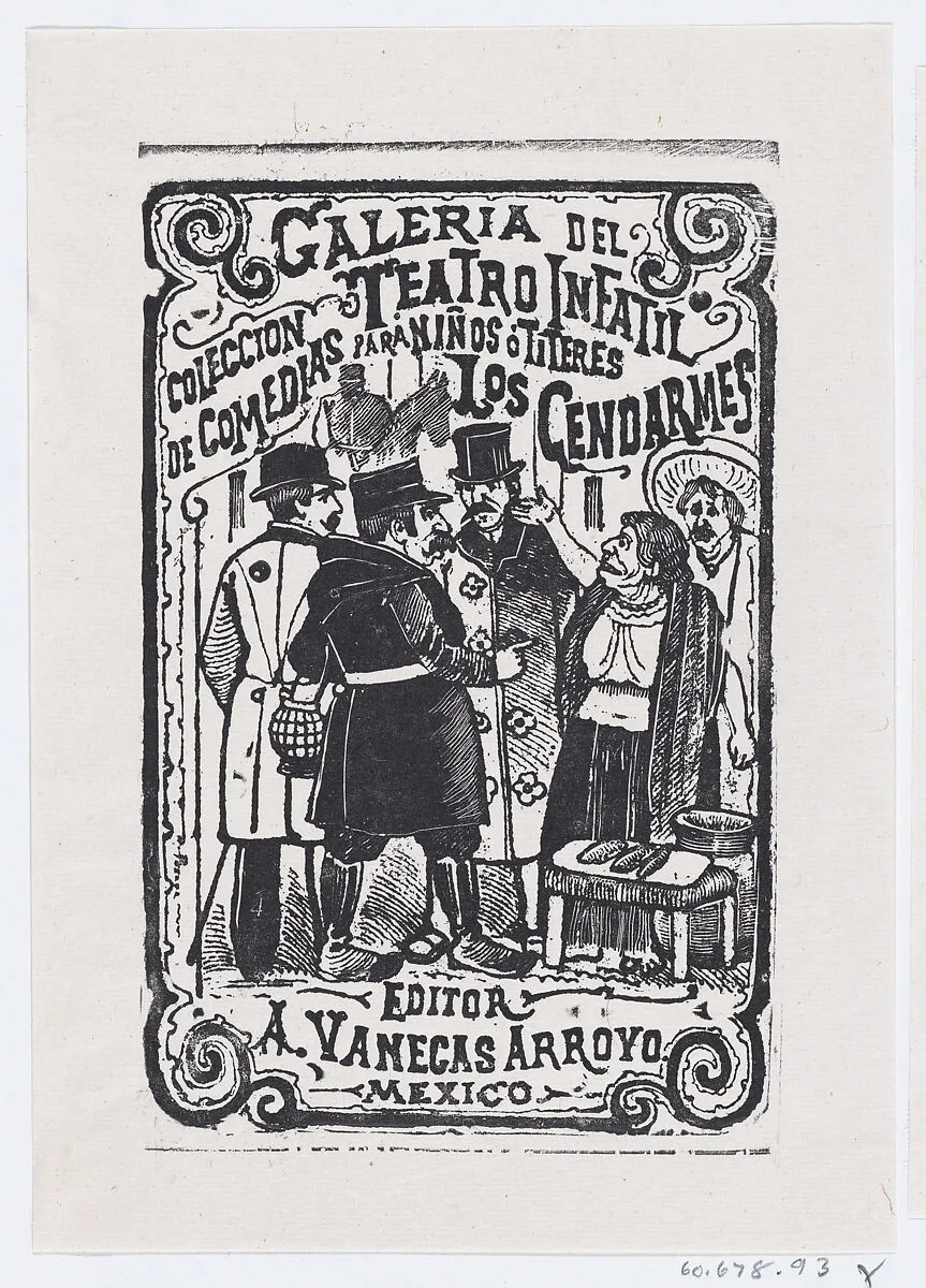 An old female vendor talking to a group of gentlemen, illustration for 'Los Cendarmes,' edited by Antonio Vanegas Arroyo — José Guadalupe Posada|José Sanchez