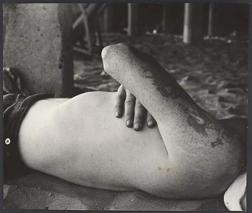 [Beach Scene: Shirtless Man Sleeping Under Boardwalk, Coney Island, New York]