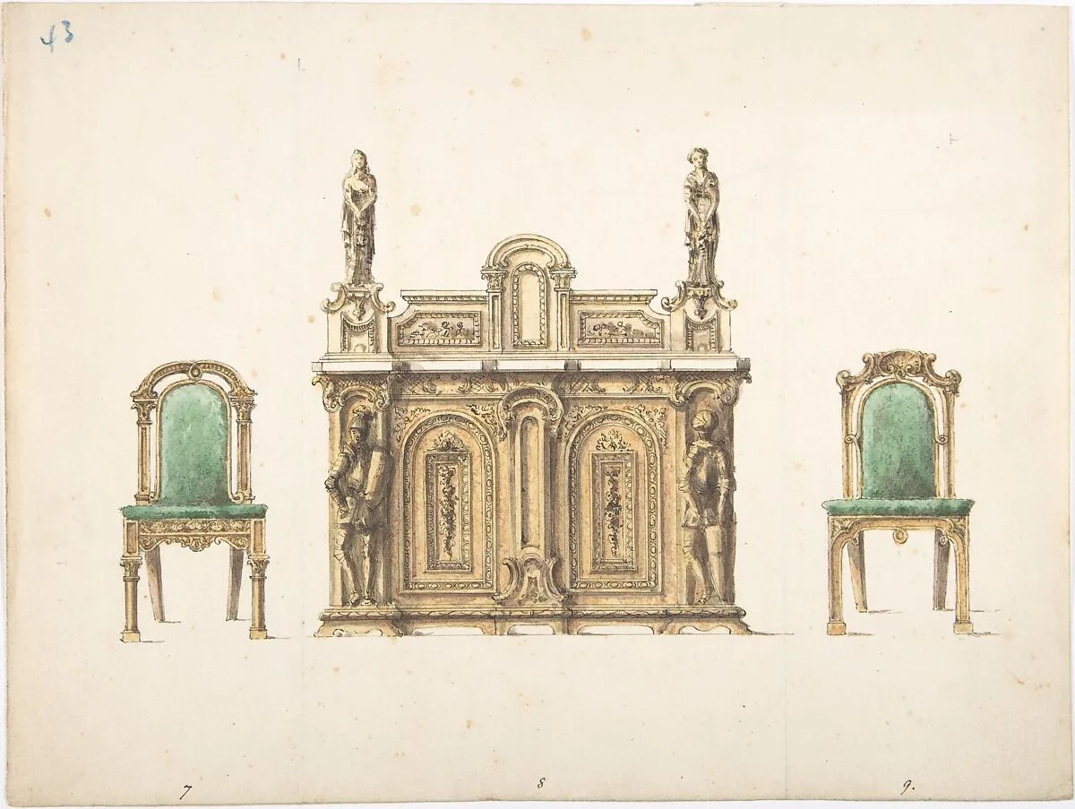 Design for Cabinet Ornamented with Carved Knights and Ladies, and Two Chairs — Anonymous, British, 19th century