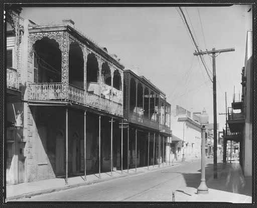 [View of Street with Cast-Iron Balconied Houses, New Orleans, Louisiana]